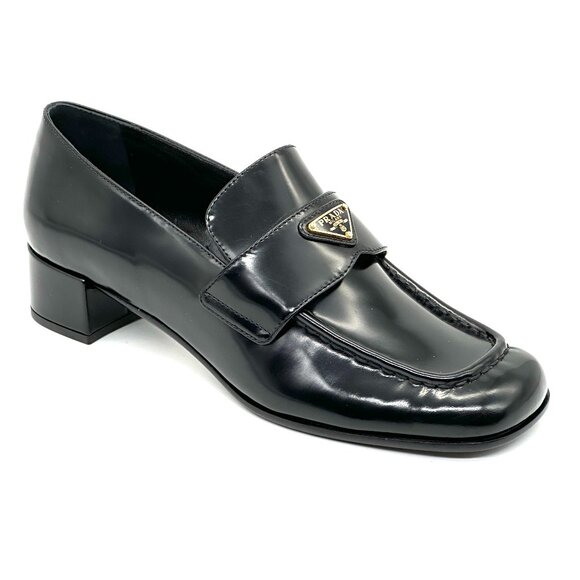 PRADA 35 Triangle Logo Leather Pumps Heels Loafers Shoes Black - Picture 7 of 13